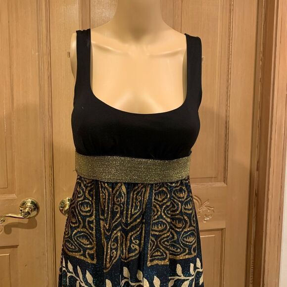 Purple Rain Strap black batik themed dress Sz M gold band - Picture 2 of 8